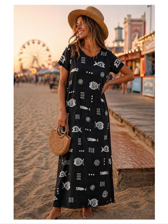 M.Mac Dresses & Skirts - VTG M.Mac 90's Small P Black White Fish all Over Print Cotton Maxi Dress T-Shirt